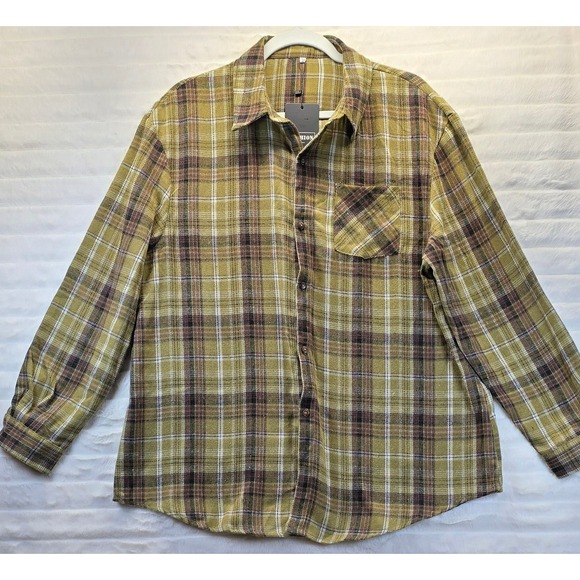 Tops - Womens Plaid Flannel Look Shirt Medium Olive Green Brown NEW Long Sleeve